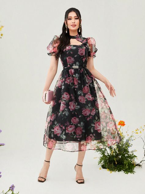 Multicolor Elegant Collar Short Sleeve Organza Floral,All Over Print A Line Embellished Non-Stretch  Women Clothing Floral Dress Organza, Georgette One Piece Dress Western, Black Floral Frock, Floral Organza Dress Western, Collar Frocks For Women, Organza Short Frocks For Women, Cute Frocks For Women, Short Frock Designs For Women, Organza One Piece