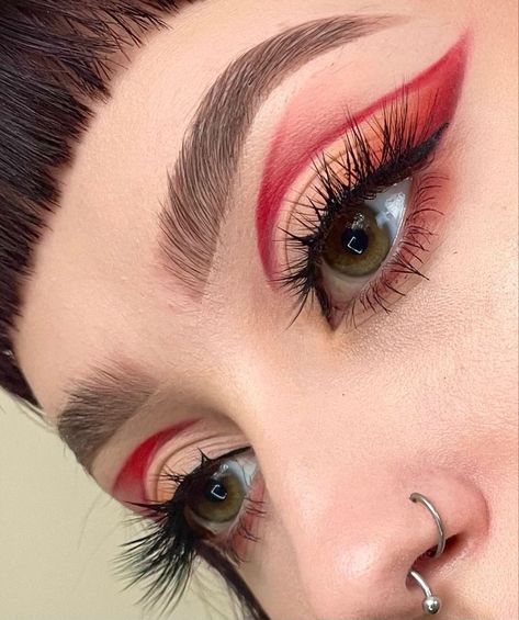 Red Eye Make Up Look, Orange Red Makeup Eye Shadows, Red And Yellow Makeup Looks, Yellow And Red Makeup Looks, Red Orange Yellow Makeup Looks, Red Look Make Up, Red Grafic Eyeliner, Red And Yellow Eye Makeup, Red Butterfly Eye Makeup