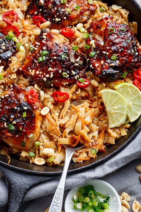 One Skillet Thai Chicken Thighs + Noodles! A sticky, Thai inspired chicken recipe served with Thai Rice noodles, cooked in one skillet! Thai Chicken Thighs, Easy Skillet Chicken, Cafe Delites, Roasted Chicken Thighs, Easy Skillet, One Skillet, Chicken Dinners, Thai Chicken, Skillet Chicken