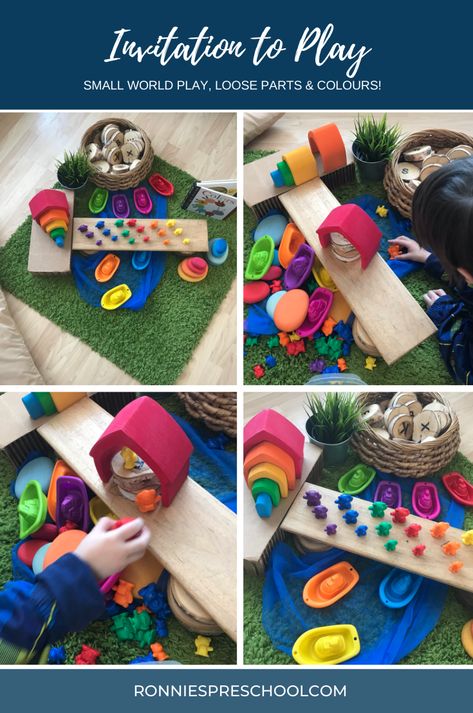 Use a variety of coloured items to create this engaging invitation to play with loose parts! Lots of storytelling, colour recognition and language skills being naturally developed. Reggio Colour Provocation, Loose Parts Invitation To Play, Invitations To Play Preschool, Preschool Invitations To Play, Invitation To Create Preschool, Colour Provocations, Infant Provocations, Ece Invitations, Ece Provocations