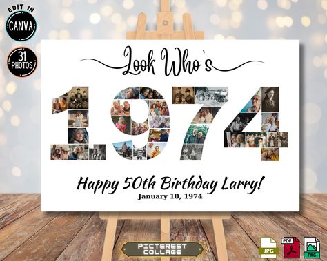 1974 Number 50th Birthday Photo Template - Personalized Celebration Display for 50th Birthday - Easy Customization, Canva Ready PC0318 Birthday Photo Template, 40th Birthday Poster, Happy 45 Birthday, People Celebrating, Collage Foto, Happy 80th Birthday, Happy 70 Birthday, Template Invitation, Happy 40th Birthday