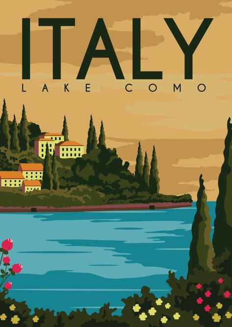 Italy Illustration, Italy Poster, Italy Wall Art, San Paolo, Vintage Poster Design, Lake Como Italy, Como Italy, Italy Art, Illustration Background