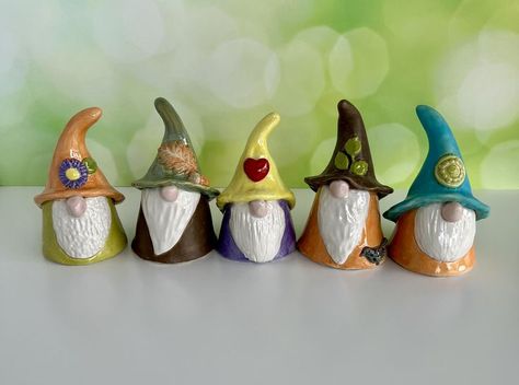 Our Small Gnomes, as cute as a bugs ear! Made with Porcelain Clay Clay Fairy Figurines, Clay Garden Gnomes, Diy Clay Gnomes, Clay Gnomes Diy, Clay Gnomes Ideas, Small Polymer Clay Ideas, Air Dry Clay Gnomes, Clay Gnomes Diy How To Make, Clay Ideas To Sell