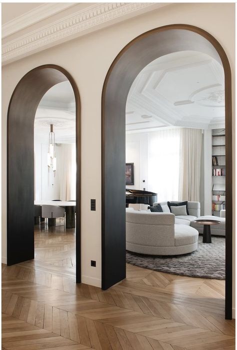 Living Room To Kitchen Archway, Archway Interior Design, Hallway With Arches, Arched Wall Opening, Arched Walkway Interior, Arches On Wall, Arch Design Living Room Modern, Arch Entryway Interior, Arched Foyer