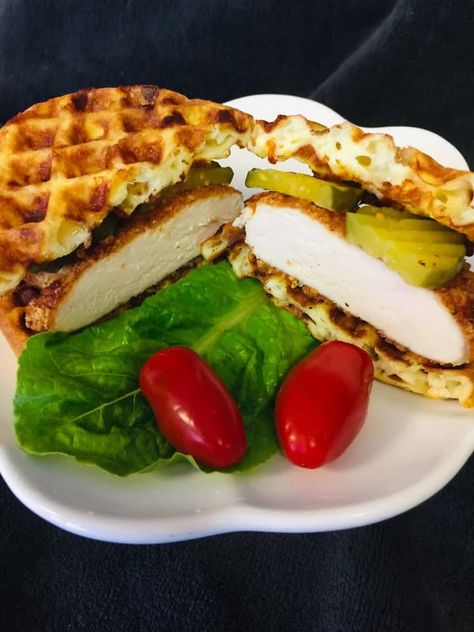 Chickfila Copycat Chaffle sandwich Pork Chop Sandwich, Chop Sandwich, Chaffle Sandwich, Chaffle Recipes, Waffle Sandwich, Sandwich Recipe, Low Carb Chicken, Pork Chop, Low Carb Dinner