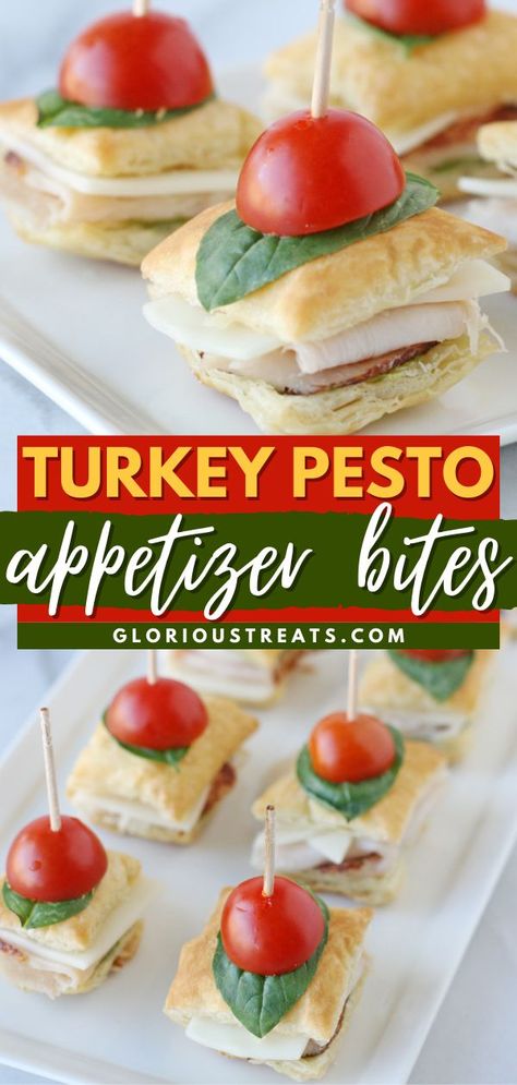 Turkey Pesto Appetizer Bites, New Year appetizer recipes, New Year food ideas Pesto Appetizers, Recipes Using Puff Pastry, Pastry Squares, Turkey Pesto, Homemade Raspberry Jam, Tea Party Sandwiches, Pepperidge Farm Puff Pastry, Party Sandwiches, Thanksgiving Recipe