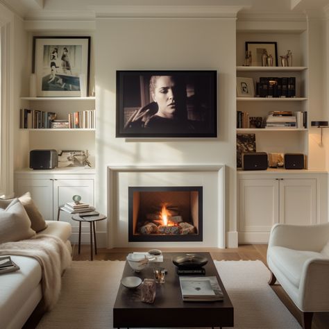 built in fireplace Built In Tv Stand With Fireplace, Simple Fireplace Built Ins, Fireplace Built Ins Small Space, Tv On Side Of Fireplace Built Ins, Tv Fireplace Wall Ideas Built Ins Modern, Fireplace Between Bookshelves, Blank Wall Next To Fireplace, Inset Fireplace With Built Ins, 65 Inch Tv Over Fireplace