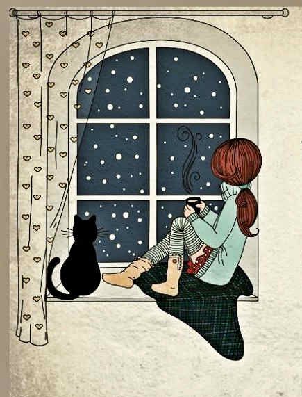 Cat Sitting On Window Sill, Sitting On Window Sill, Sitting On Window, Window Sketch, Coffee With Milk, Window Illustration, Window Drawing, Girl Cat, Black Cat Art