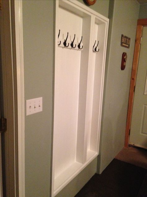 Master bath--could we recess towel hooks between the studs of the WC outer wall to save space? Narrow Bathroom Shelves Small Spaces, Built In Between Studs, Recessed Coat Hooks, Between The Studs Drop Zone, Small Mudroom With Stairs, Between The Studs Entryway Built Ins, Between The Studs Closet, Behind Front Door Decor Small Spaces, Makeshift Coat Closet