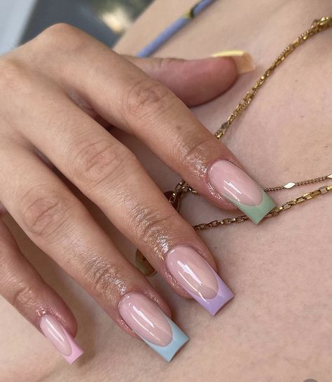 French Tip Nails Summer, Multi Color Nails, Summer Nails Acrylic, Acrylic Nails Pastel, Summer French Nails, Shiny Nails Designs, Nails French Tip, Multicolored Nails, Aqua Nails