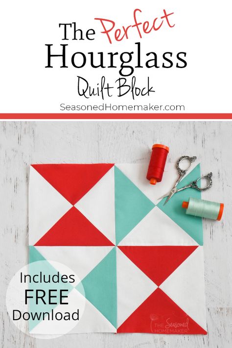 Learn How to Make a Hourglass Quilt Block with these simple instructions. Free downloadable tutorial instructions included. #easyquiltblocks #halfsquaretriangles #quilttutorials Hourglass Quilt Blocks, Hourglass Quilt Block Pattern, Hourglass Quilt Patterns, Hourglass Block Quilts, Hourglass Quilt Pattern Free, How To Make Hourglass Quilt Block, Hourglass Block Tutorial, Hourglass Quilt Block Tutorials, Halfsquaretriangles Quilts