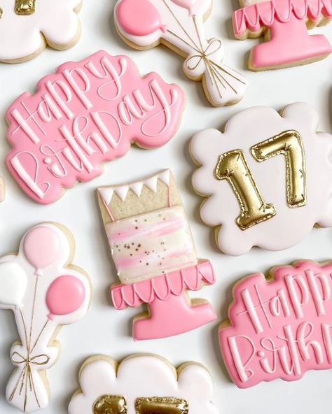 Griselda | Cookie Artist on Instagram: "S E V E N T E E N • Fact, met my husband at 17 👀💗" Golden Birthday Cookies Decorated, Girly Sugar Cookies, Sweet 16 Cookies Decorated, Pink Birthday Cookies, 13th Birthday Cookies, 16th Birthday Cookies, October Cookies, Sweet 16 Sugar Cookies, Birthday Cookie Designs