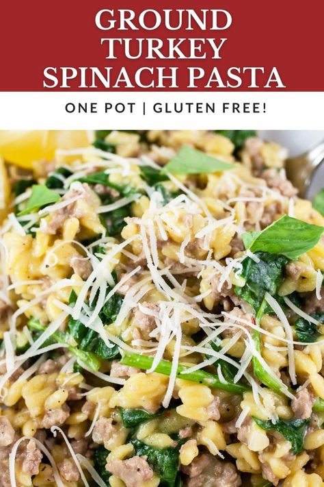 This Ground Turkey Spinach Pasta makes for a healthy weeknight dinner! It's ready in 30 minutes and made in one pot on the stove top. This pasta is made with ground turkey that's sautéed with garlic, shallots, and Italian seasoning. Gluten free orzo pasta is added, along with chicken broth, spinach, Parmesan cheese, and lemon zest. Garnish this dish with some lemon juice and freshly torn basil leaves or herbs of choice for a flavorful meal. One pot recipes mean easy cleanup! Pesto Ground Turkey, Italian Turkey Recipes Ground, Turkey Spinach Pasta, Orzo Ground Turkey, Ground Turkey Rice Noodle Recipes, Orzo With Chicken Broth, Basil Dishes Healthy Recipes, Turkey And Orzo Recipes, Ground Turkey Spinach Pasta