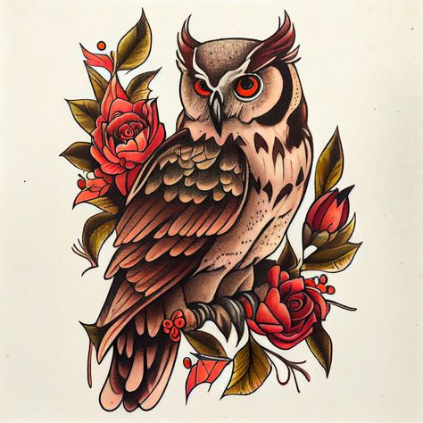 Owl Tattoo Color, Neotrad Owl Tattoo, Trad Owl Tattoo, American Traditional Owl Tattoo Design, Owl Traditional Tattoo, Traditional Owl Tattoo Design, American Traditional Owl Tattoo, Traditional Style Owl Tattoo, Horned Owl Tattoo