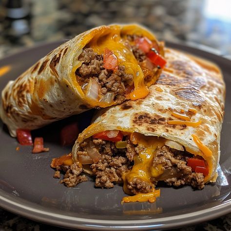 Translated into English: **Beef and Cheese Burrito 🌯🧀** 📋 **Ingredients:** - 400g ground beef - 1 onion, chopped - 1 red bell pepper, diced - 1 can black beans (400g), drained and rinsed - 200g shredded cheese - 4 wheat tortillas - 2 tbsp olive oil - Salt and pepper - Burrito spices (cumin, paprika, chili powder) 🥣 **Instructions:** 1. Heat olive oil in a skillet over medium heat. 2. Add onion and red bell pepper, sauté until tender. 3. Add ground beef and cook until browned. 4. Stir in bla... Tacos Ground Beef, Cheese Burrito, Salvadorian Food, Can Black Beans, Wheat Tortillas, Salsa Guacamole, Food C, Foreign Food, Fast Healthy Meals