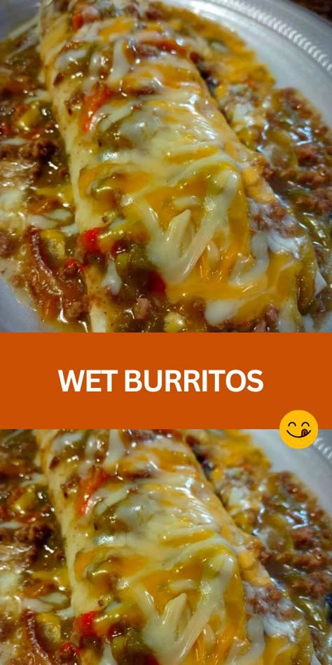 Wet Burritos - Easy & Flavorful Wet Burritos Recipe! These Tex-Mex burritos are filled with seasoned ground beef, refried beans, and a savory sauce, then baked to perfection with melted cheese on top. Perfect for weeknight dinners or casual gatherings! Beef Burrito Casserole Easy Recipes, Easy Burrito Bake, Best Burritos Recipe, Beef Burrito Supreme, Mexican Bean Burritos, Frozen Beef And Bean Burritos, Easy Wet Burrito Recipe Ground Beef, Loaded Queso Burritos, Beef Bean Burritos Easy Recipes