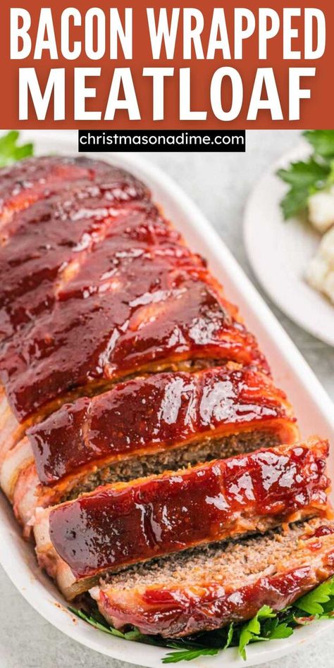 Change up Christmas dinner menu and make Homemade Bacon Wrapped Meatloaf. The meatloaf is wrapped in bacon and topped with a tangy ketchup mixture. The simple seasoning to this meatloaf recipe is flavor and combines simple ingredients. #christmasonadime #baconwrappedmeatloaf #meatloafrecipe #baconwrappedrecipes Bacon Wrapped Meatloaf With Cheese, Bacon Bbq Meatloaf, Bacon Meatloaf Recipes Easy, Meatloaf With Bacon On Top, Marry Me Meatloaf, Bacon Wrapped Meatloaf Recipes, Bacon Meatloaf Recipes, Bacon Covered Meatloaf, Hamburger Soups