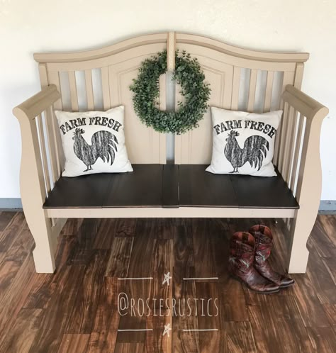 Bench From Crib Diy, Crib Repurpose Bench, Turn Crib Into Bench, Refurbished Crib Ideas Diy, Bench Made From Crib, Bench From Crib, Repurposed Crib Ideas Diy, Crib Bench Repurposed, Crib Bench Diy