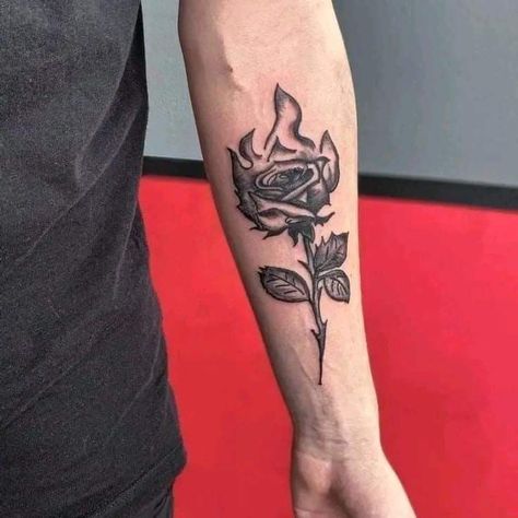 Rose Tats For Men, Burning Rose Tattoo Men, Roses On Fire Tattoo, Rose With Fire Tattoo, Rose With Flames Tattoo, Rose Fire Tattoo, Forearm Rose Tattoo For Men, Flame Rose Tattoo, Men’s Rose Tattoo