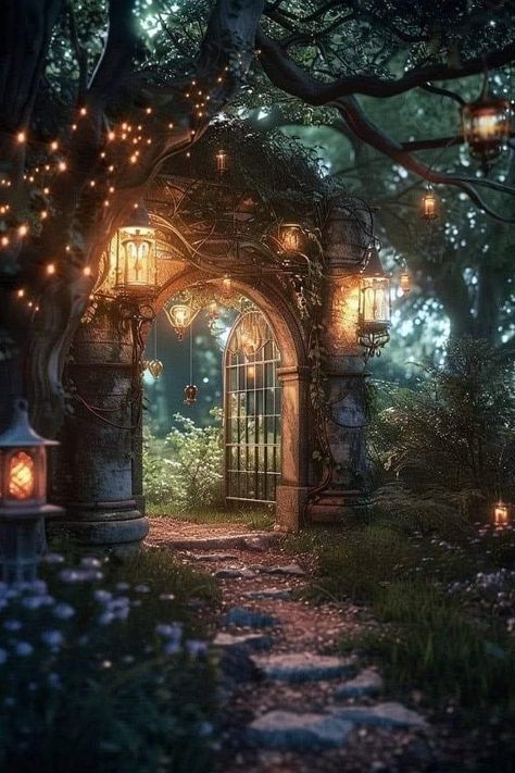 Fairy Garden Ideas Enchanted Forest, Easy Outdoor Projects, Garden Concept, Dark Cottage Core, Fairy Home, Mystical Places, Garden Drawing, Stone Walkway, Night Court