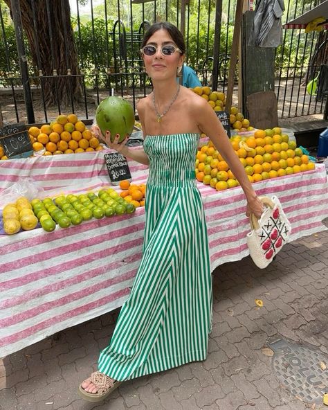 green maxi dress, striped dress, coastal grandmother, coastal granddaughter aesthetic, beachy maxy dress, portugal style, copenhagen fashion trends, summer 2024 outfit, tote bag outfit, farmers market outfit Portugal Fashion Style Outfits, Copenhagen Summer Style, Portugal Summer Outfits, Trends Summer 2024, Vietnam Clothes, Coastal Granddaughter Aesthetic, Farmers Market Outfit, Market Outfit, Aesthetic Beachy