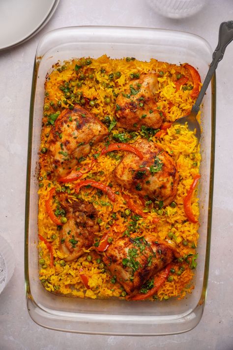 One Pan Baked Chicken and Yellow Rice - Tomatoes One Pan Baked Chicken, Chicken Yellow Rice, Pan Baked Chicken, Leftover Chicken Soup, Chicken And Yellow Rice, Yellow Rice Recipes, Chicken Main Dish Recipes, Chicken Dinner Recipe, Chicken And Rice Dishes