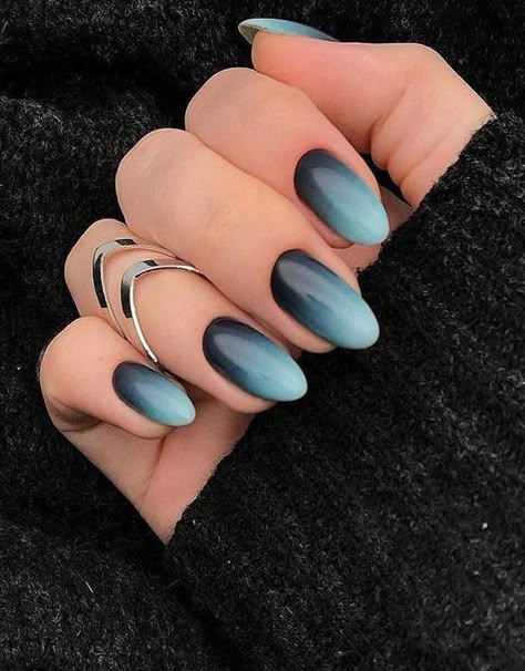 Cute Short Dark Nails, 2023 Nail Trends For Women, Grey And Pink Ombre Nails, Almond Nails Designs January, Almond Nails Designs Matte, Profession Nails, Black And Baby Blue Nails, Navy Ombre Nails, Baby Blue And Black Nails