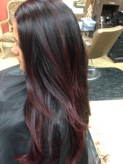 4RV ombré into ruby red. Maroon On Brown Hair, Wine Colour Highlight, Ruby Wine Hair Color Highlights, Red Colour Highlights For Black Hair, Dark Brown Hair With Red Highlights Straight, Ruby Wine Highlights, Red Wine Highlights On Brown Hair, Black Hair With Deep Red Highlights, Ruby Wine Hair Color On Black Hair