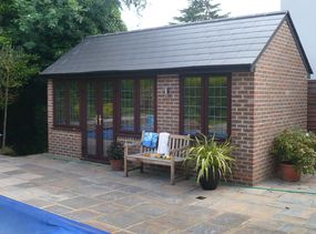 Bespoke Pool houses with shower and WC. - Custom Built Garden Rooms, Cabins and Timber Buildings Brick Garden Office Ideas, Brick Summer House, Pool House Changing Room, Garden Buildings Cabins, Brick Pool, Fachada Exterior, Brick Shed, Sheds Ideas, Outdoor Room Decor