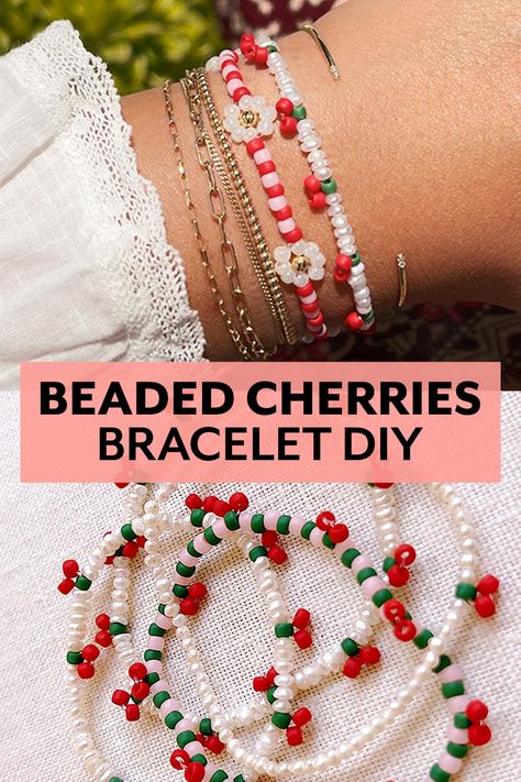 Cherry Bead Bracelet Tutorial, Cherry Seed Bead Necklace Tutorial, Beaded Cherry Diy, Seed Bead Bracelets Cherry, Seed Bead Cherry Tutorial, Cherry Seed Bead Bracelet, Cherry Friendship Bracelet Pattern, Cherry Bracelet Tutorial, Cherry Beads Tutorial