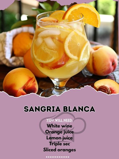 🍷 Indulge in the refreshing flavors of Sangria Blanca, perfect for summer! 🍇🍷 #SangriaBlanca #SummerSips Sangria Blanca Ingredients: White wine (750 ml) Orange juice (1/2 cup) Lemon juice (1/4 cup) Triple sec (1/4 cup) Sliced oranges (1) Sliced lemons (1) Sliced peaches (2) Club soda (1 cup) Ice (as needed) Instructions: Combine white wine, orange juice, lemon juice, and triple sec in a pitcher. Add sliced fruits and stir. Chill for at least 2 hours. Add club soda and ice before serving. ... Sangria Blanca, Fruit Soda, Sliced Oranges, Sliced Peaches, Cocktail Party Food, Yummy Alcoholic Drinks, Club Soda, Party Recipes, Triple Sec