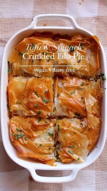 Vegan Food Recipes on Instagram: "Tofu & Spinach Crinkle Filo Pie ✨ this is so delicious! Layers of filo pastry with tofu & spinach, makes a perfect side dish or snack 👌🏼 By @veganbyeden Recipe for 6 serves ▪️1 brown onion ▪️200g firm tofu ▪️50g baby spinach ▪️2 cloves garlic ▪️70g vegan butter or spread ▪️75g soy milk ▪️1 tsp salt ▪️1 tsp Italian herbs ▪️1/4 cup vegan parmesan ▪️Squeeze of lemon juice ▪️Olive oil for brushing ▪️Filo pastry 1️⃣ Crumble the tofu with your hands and add to Filo Pie, Italian Herbs, Firm Tofu, Filo Pastry, Tofu Dishes, Vegan Main Dishes, Vegan Parmesan, Tofu Recipes, Vegan Recipe