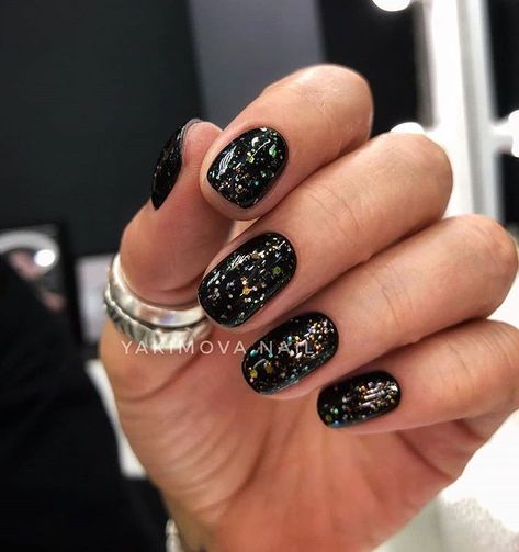 Black With Gold Sparkle Nails, Black Nails With Gold Glitter, Black Shimmer Nails, Sparkly Black Nails, Black Sparkle Nails, Gold Sparkle Nails, Black Gold Nails, Nye Nails, Glitter Manicure