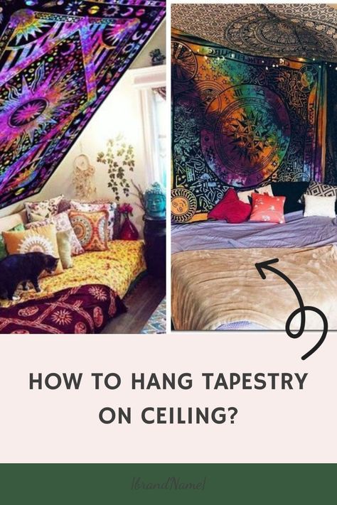 Learn how to hang tapestry on ceiling. With just a few simple DIY ideas, you can easily create an impressive look with your own hanging tapestry. Tapestry Ceiling Hanging, How To Hang Fabric On Walls, Tapestry Over Bed, How To Hang A Tapestry On Wall, Tapestry Styling, How To Hang Tapestry, Tapestry On Ceiling, Ceiling Tapestry Ideas, Ceiling Tapestry