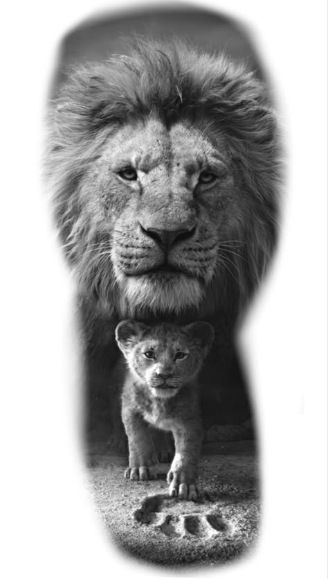 Lion Leg Tattoo, Lion Cub Tattoo, Father Son Tattoo, Tattoos Lion, Lion Forearm Tattoos, Arm Tattoos Drawing, Cubs Tattoo, Animal Sleeve Tattoo, Tier Tattoo