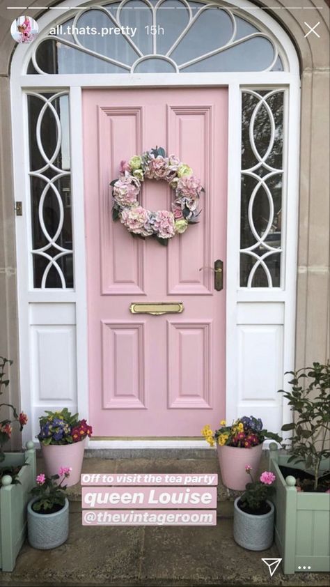 https://pin.it/7hEblYj Pink Back Door, Rose Pink Front Door, Gray House With Pink Front Door, Cream And Pink House Exterior, Light Pink Door Exterior, Pink Door House, White House With Pink Door, Pink Front Door Tan House, Pink And Green House Exterior