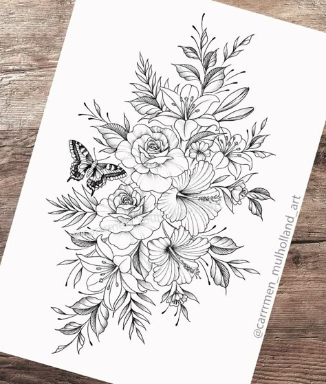 Floral Animal Sleeve Tattoo, Wild Flower Sleeve Tattoo Stencil, Flower And Butterfly Tattoo Sleeve Stencil, Half Sleeve Flowers And Butterflies, Cat And Flower Tattoo Sleeve, Tropical Flower Tattoos, Thigh Piece Tattoos, Floral Back Tattoos, Seashell Tattoos