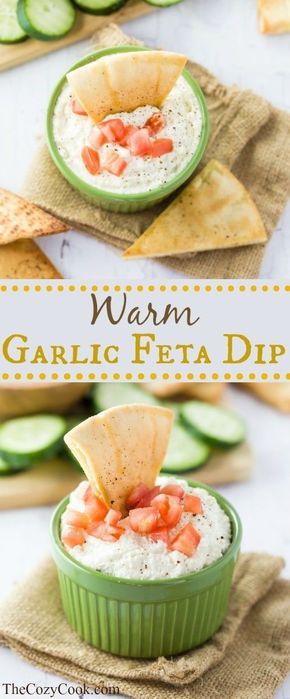 This warm garlic feta dip is made with cream cheese, feta, and Greek yogurt along with garlic, a hint of lemon, and simple spices. It's baked to creamy perfection and served with homemade pita chips or vegetables. | The Cozy Cook | #Appetizers #Dip #Feta #Cheese #Vegetarian #Meatless #Garlic #GreekFood Garlic Feta Dip, Dip Sauces, Homemade Pita Chips, Cozy Cook, Homemade Pita, Gluten Free Puff Pastry, Feta Dip, Appetizer Bites, Pita Chips