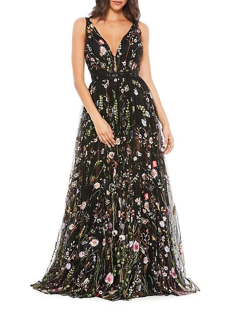 Shop Mac Duggal Floral A-Line Gown | Saks Fifth Avenue Mac Duggal Prom Dresses, Mac Duggal Prom, Burgundy Homecoming Dress, Gonna In Tulle, Mesh Gown, Mac Duggal Dresses, Tulle Gown, Mac Duggal, A Line Gown