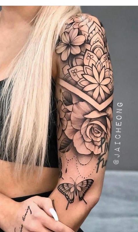 Arm Tattoos Flowers For Women, Mandela Tattoos Women, Lotus Arm Tattoo Sleeve, Tattoos Floral Sleeve, Floral Tattoo With Shading, Realism Half Sleeve Tattoo Women, Sleeve Tattoos Dark Art, Feather Tattoo Sleeve For Women, Filler Ideas For Tattoo Sleeve