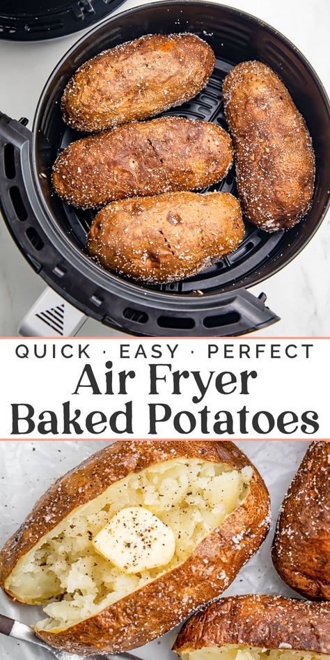 There's simply nothing better than an air fryer baked potato. The skin is crispy and delectably salty, and the flesh is perfectly light and fluffy. Best of all, the quick and easy air fryer method takes a fraction of the time of other cooking options. Dress up these foolproof baked potatoes with your favorite toppings and dig in! Best Baked Potato, Air Fryer Baked Potato, Air Fryer Recipes Snacks, Air Fryer Potatoes, New Air Fryer Recipes, Best Air Fryer Recipes, Air Fryer Ideas, Air Fryer Cooking Times, Air Fried Food