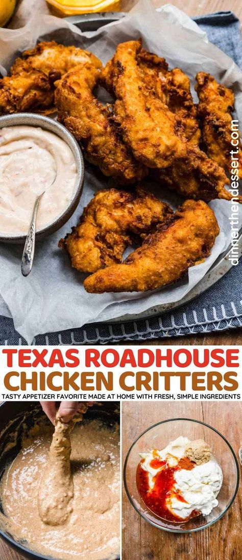 Texas Roadhouse Chicken Critters (Copycat) are tasty chicken tenders soaked in buttermilk and fried to a golden brown in a seasoned batter! Texas Roadhouse Chicken, Texas Roadhouse Menu, Texas Roadhouse Recipes, Chicken Batter, Popeyes Chicken, Fried Chicken Tenders, Menu Printable, Tasty Chicken, Chicken Tender Recipes