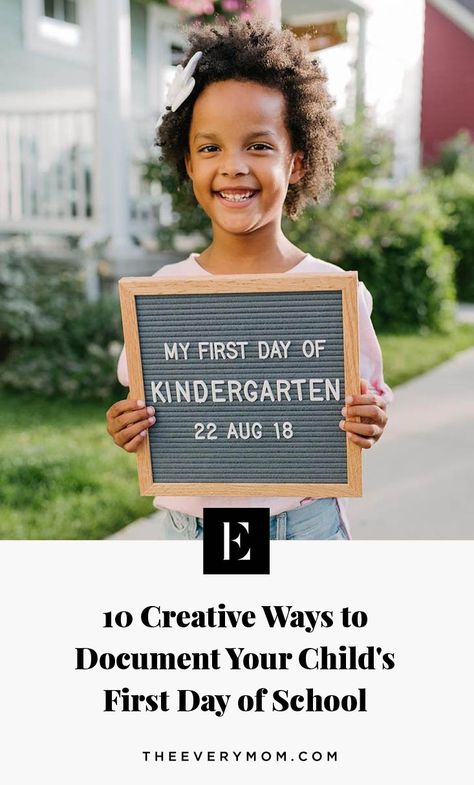 10 Creative Document Your Child's First Day of School #theeverymom #backtoschool First Day Of Preschool Letterboard, Kindergarten First Day Of School Picture Ideas, First Day At School Photo Ideas, 1st Day Of School Pictures Ideas, Kindergarten First Day Of School Picture, First Day Of School Letter Board, First Day Of School Sign Ideas, First Day Of School Board Ideas, Back To School Sign Ideas