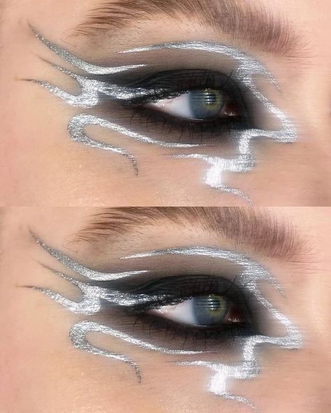 Silver Black Makeup, Silver Graphic Liner, Silver And Black Makeup, Grey Makeup Looks, Silver Eyeliner Makeup, Black And Silver Makeup, Lightning Makeup, Liner Graphic, Soft Glam Palette