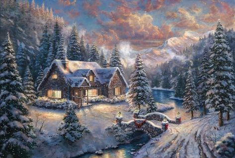 Thomas Kinkade Art, Thomas Kinkade Paintings, Thomas Kinkade Christmas, Kinkade Paintings, Beautiful Christmas Scenes, Art Thomas, Christmas Jigsaw Puzzles, Paintings Famous, Cottage Art