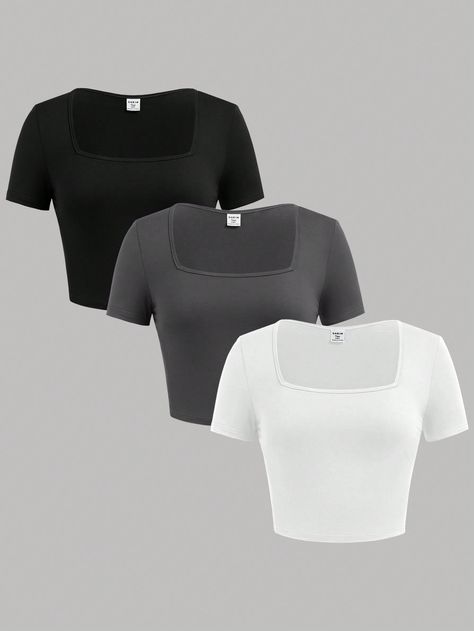 SHEIN Teen Girl Basic Square Neck Crop Top T-Shirt, Multi-Pack And Multi-ColorI discovered amazing products on SHEIN.com, come check them out! Teen Crop Tops, Mudroom Ideas, Body Outfit, Girls T Shirts, Girls Crop Tops, Plain Outfits, School Style, Cute Crop Tops