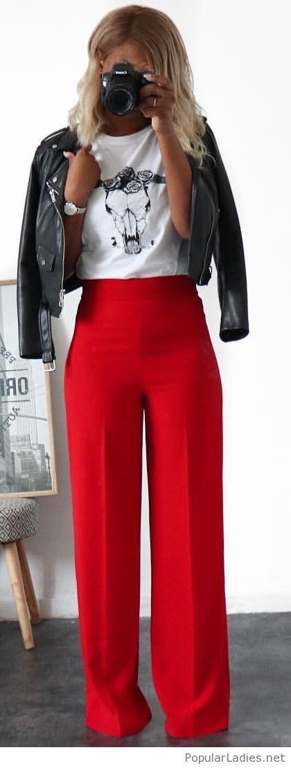 Outfit Pantalon Rojo, Red Pants Outfit, Wear Crop Top, Leather Jacket Outfits, Wear Red, Office Outfit, Cute Spring Outfits, Womens Fashion Inspiration, Red Pants