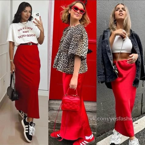 Pink And Red Casual Outfit, Red Skirt Outfit Casual, Red Silk Skirt Outfit Winter, Long Red Skirt Outfit Ideas, Red Slip Skirt Outfit, Red Combination Outfits, Red Silk Skirt Outfit, Pop Of Red Outfit, Red Satin Skirt Outfit