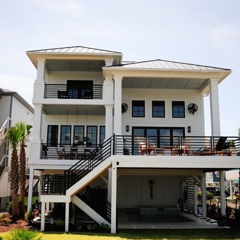 Charles Fox Homes - Custom Homes and Building Design - Ocean Isle Beach, NC - Gallery - 40 Duneside Drive Nc Coastal Homes, Coastal Home Architecture, Beach House With Rooftop Deck, Raised Beach House Plans Coastal Homes, Beach Home Floor Plan, Waterfront Home Plans, Puerto Rico House Design, Gothic Beach House, Modern Beach House On Stilts