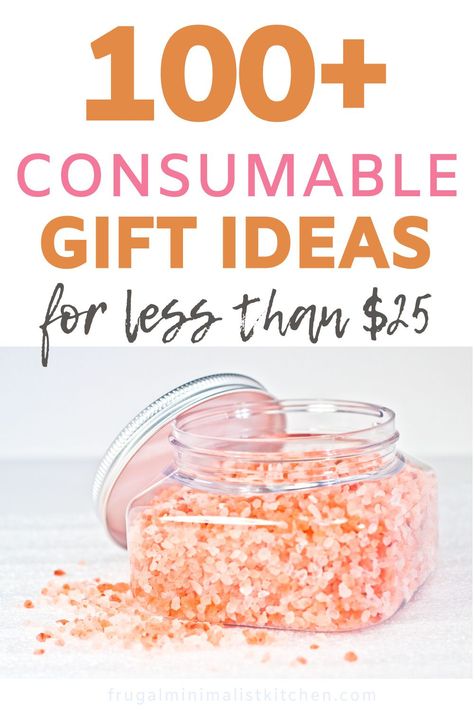 Consumable gifts are something that will be used up, leaving no clutter behind once it's gone! Check out this list of consumable gift ideas for kids, women, & men for tons of ideas! #giftideas #minimalist #minimalism #clutterfreegifts #frugalminimalistkitchen Consumables Gifts, Consumable Christmas Gift Ideas, Consumable Gifts For Kids, Consumable Gifts, Consumable Christmas Gifts, Consumable Gift Ideas, Easy Gifts To Sew, Bulk Gift Ideas, Brownies In A Jar